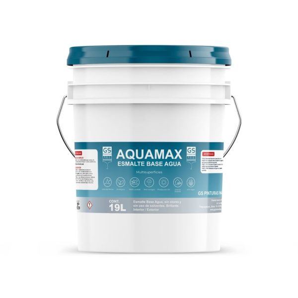 AquaMax Esmalte Base Agua satinado ecológico en cubeta 19 litros para madera y metales – GS Pinturas Finas