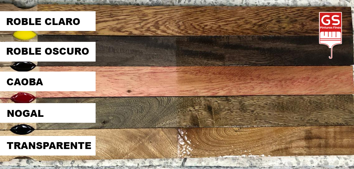 Muestras de colores Barniz Secado Rápido GS Pinturas Finas – Transparente, Roble Claro, Roble Oscuro, Caoba y Nogal